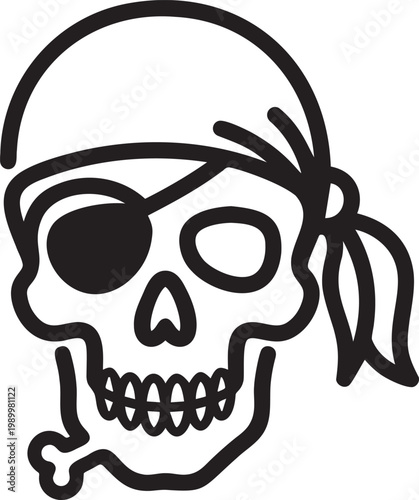 Pirate skull character icon wearing bandana and eyepatch with bone.