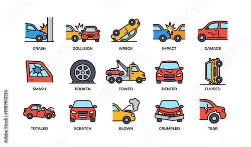 Car accident and vehicle damage icons arranged in grid