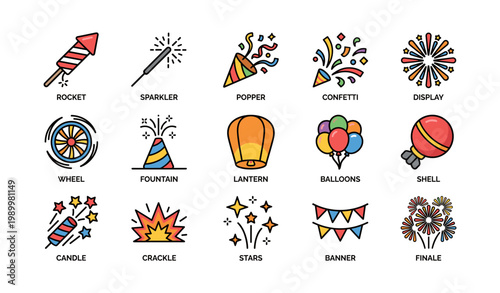 Party icons showing fireworks confetti and celebratory items on white