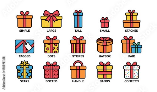 Gift box icons showing various present styles on white background