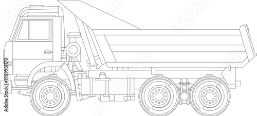 Technical engineering drawing showing a side elevation of a heavy-duty dump truck featuring a hydraulic lift mechanism, three axles, and a large cargo bed.