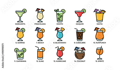 Cocktail icons arranged in a labeled grid on white background
