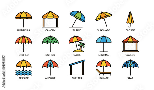 Umbrella icons arranged in labeled grid on white background