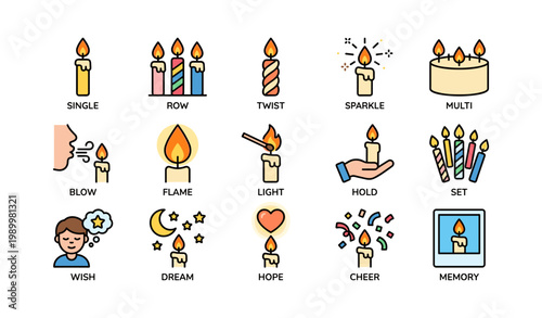 Assorted candle icons showing styles and uses on white background
