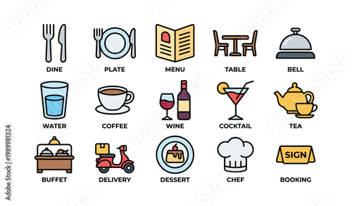 Dining and beverage icons representing food service and menu