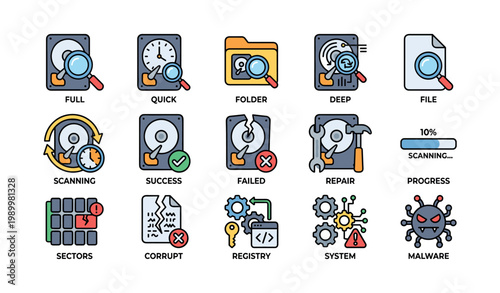 Hard drive icons illustrating scanning and repair actions