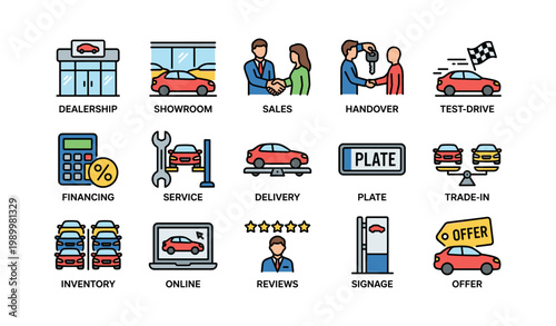 Car dealership and sales icons arranged in grid on white background