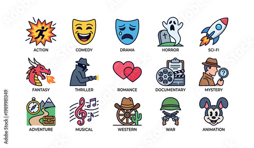 Film genre icons showing various movie categories on white background