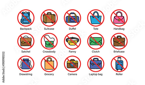 Prohibited bags and luggage icons marked with red no sign