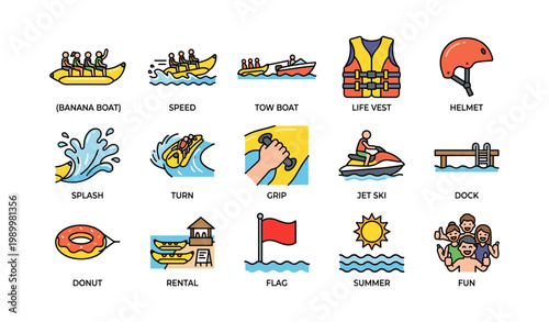 Water sports icons showing activities and equipment on white backdrop