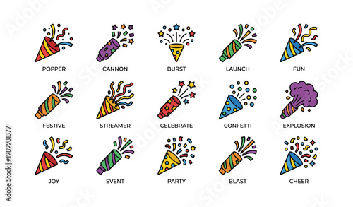Party popper icons illustrating confetti bursts and celebration