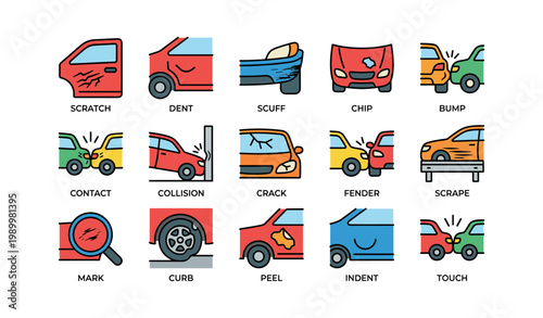 Car damage and dent icons arranged on white background