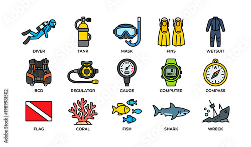 Diving equipment icons arranged in grid on white background
