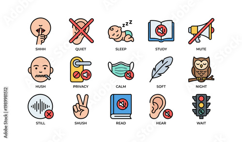 Silence and quiet icons showing gestures and symbols in grid