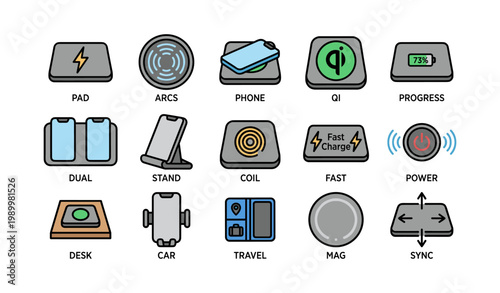 Wireless charging pads and accessories icons on white background