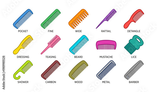 Different comb types arranged in labeled grid on white background