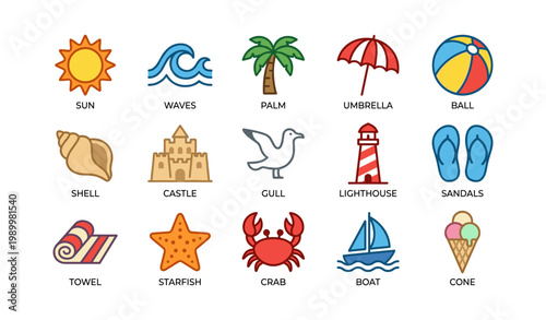 Beach icons arranged in grid on white background display