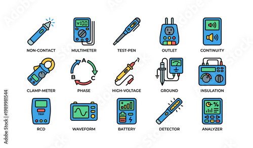 Electrical test tools and meters arranged in grid on white