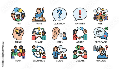 Communication and teamwork icons depicting discussion on white