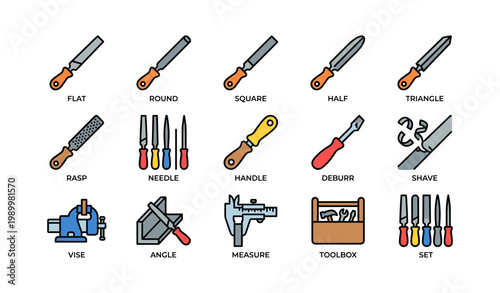 Hand file tool icons arranged in grid on white background
