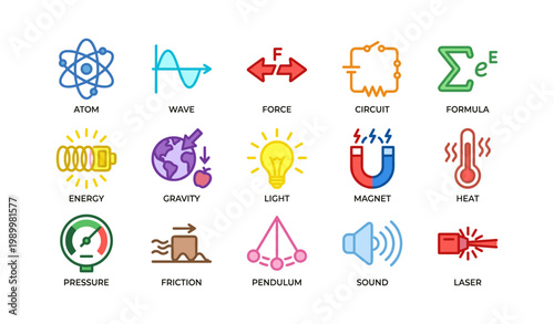 Science icons illustrating physics concepts and phenomena