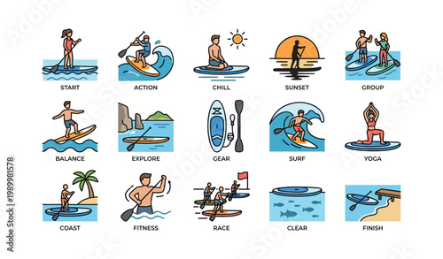 Stand up paddleboarding icons showing activities and settings