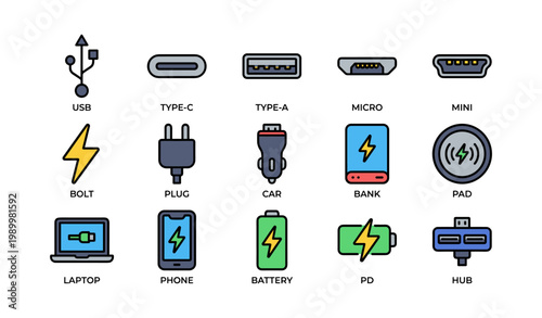 Charging connectors and adapter icons on white background