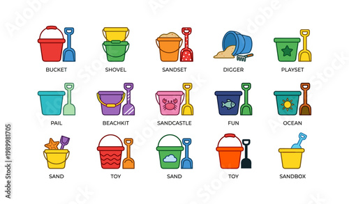 Beach pail and shovel toy icons arranged on white background