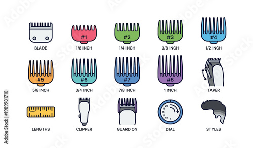 Clipper guide combs and grooming accessories on white background