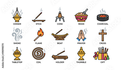Incense and ritual icons arranged in rows on white background
