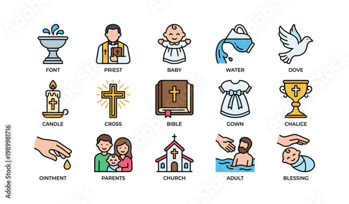 Baptism symbols and ritual items arranged on white background