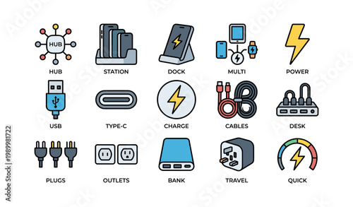 Power and charging icons arranged in grid on white background