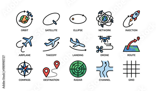 Orbital and aviation navigation icons showing routes and radar