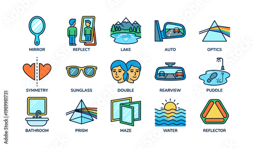 Reflection and optics icons in labeled grid on white background