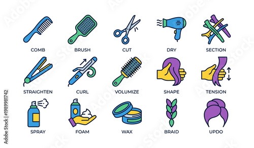 Hair styling icons showing tools and techniques on white background