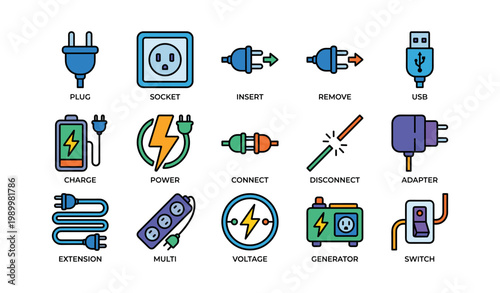 Electrical plug and power icons arranged in labeled grid