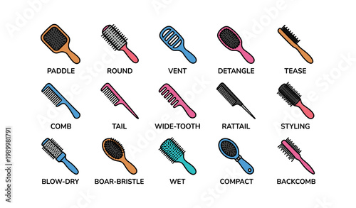 Hair brushes and combs icons labeled and arranged on white background