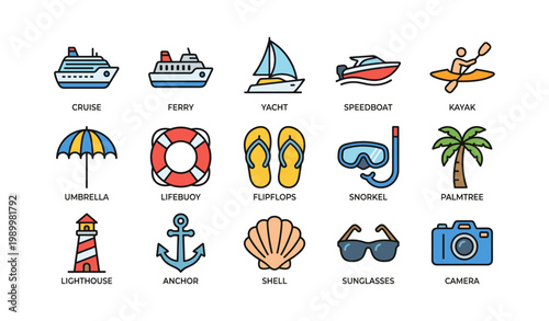 Boating and beach icons arranged with labels on white background