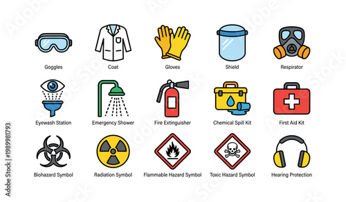 Safety equipment icons labeled and arranged on white background