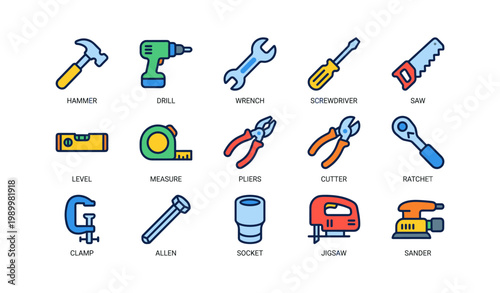 Hand tool and power tool icons arranged on white background