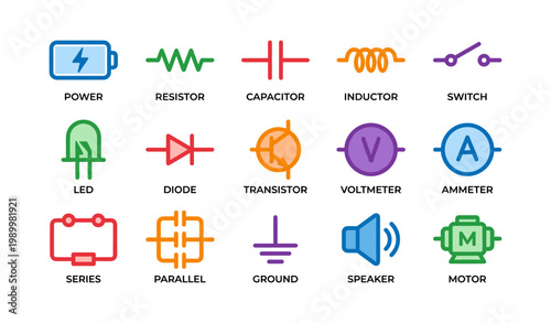 Electronic component and circuit symbols arranged in grid on white
