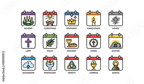 Christian calendar icons showing liturgical holidays on white