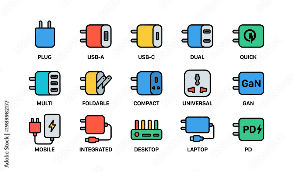Fototapeta premium Various charger plugs and adapters arranged in grid layout
