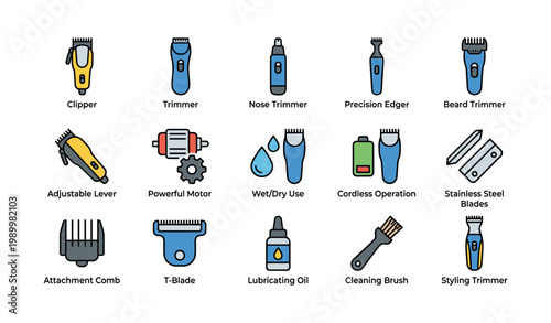 Grooming and trimmer icons showing tool features on white background