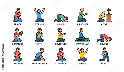 People kneeling and praying in various poses on white