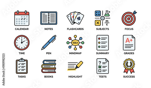 Study and learning icons showing school supplies on white