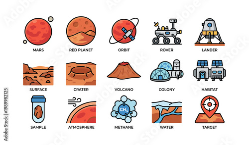 Mars exploration icons showing planet features and habitat concepts