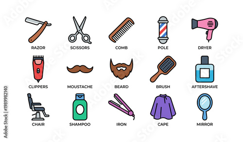 Barber and grooming tools arranged on white background