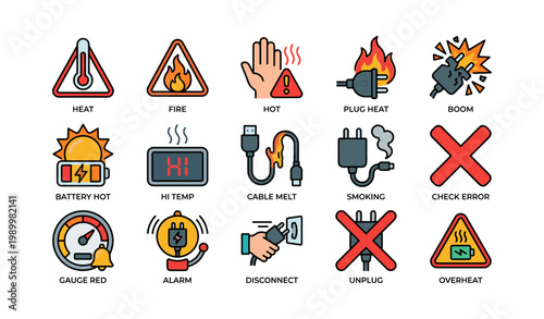 Electrical overheating and hazard icons on white background