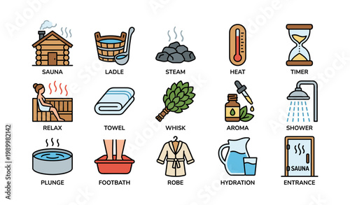 Sauna and spa items and symbols displayed on white background